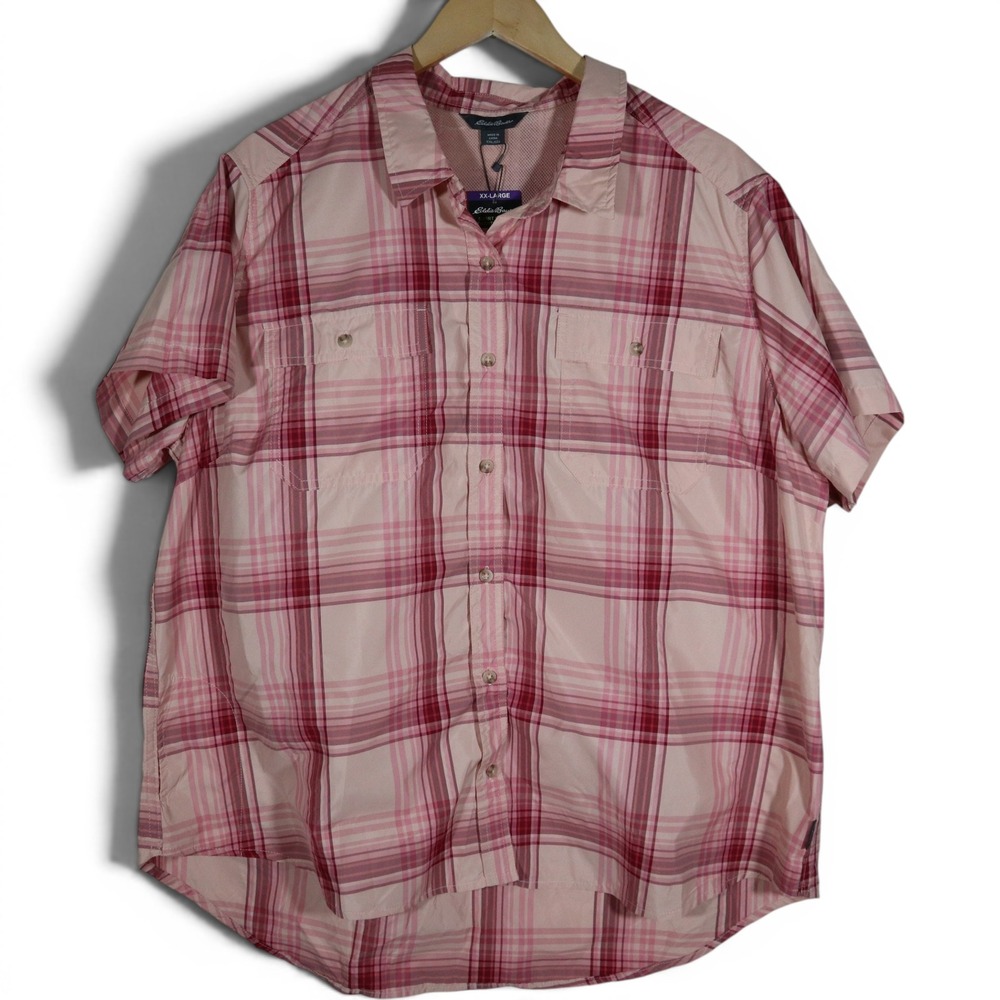 Eddie Bauer Adventure Shirt XXL Pink Plaid Modern UPF 50 Moisture Wicking
